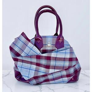 VIVIENNE WESTWOOD Vegan Tartan Plaid Bow Bag Satchel Burgundy Patent Leather
